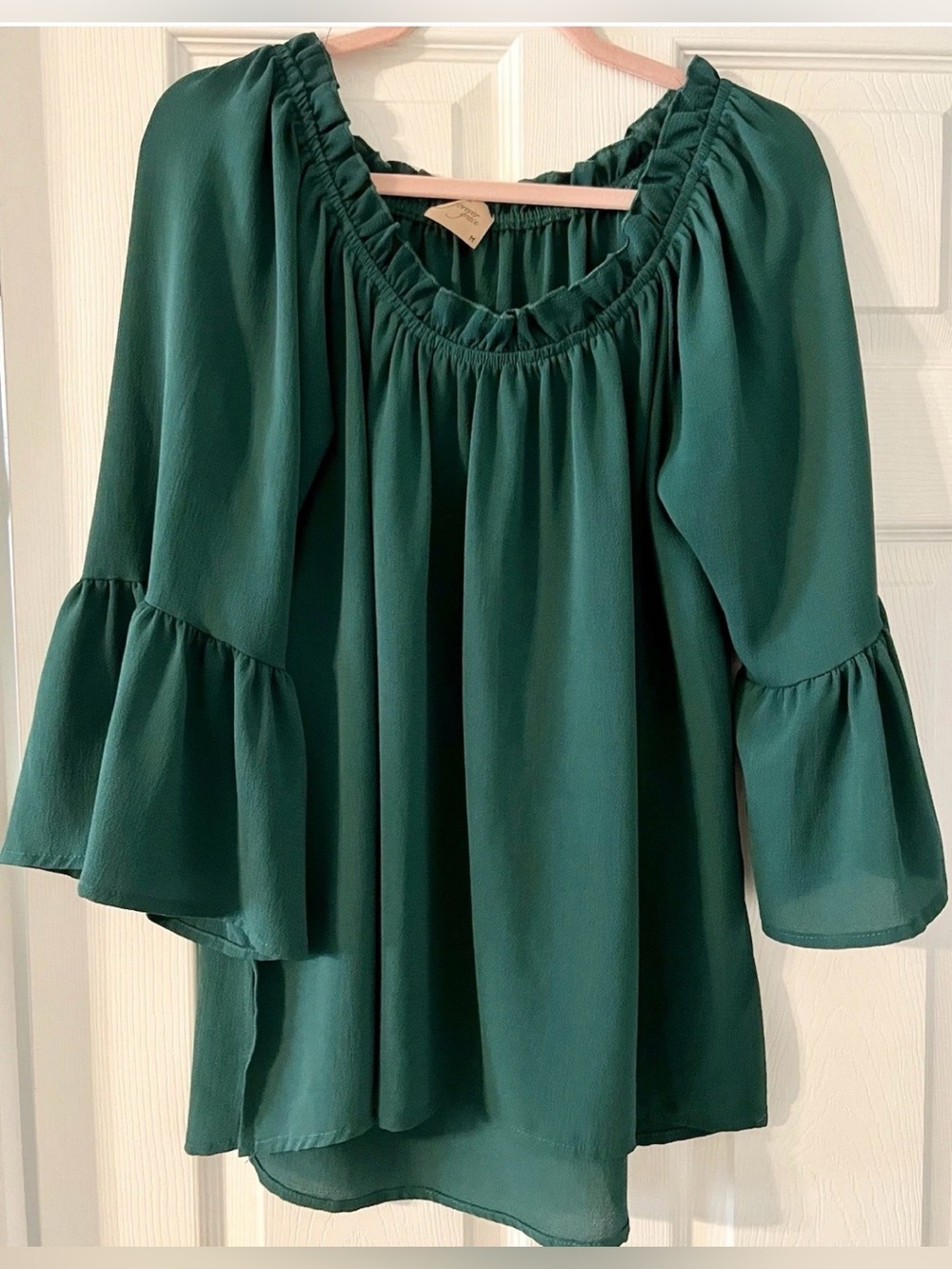 Forever Grace Women’s Emerald Green Sheer Peasant Bell Sleeve Blouse Size XL